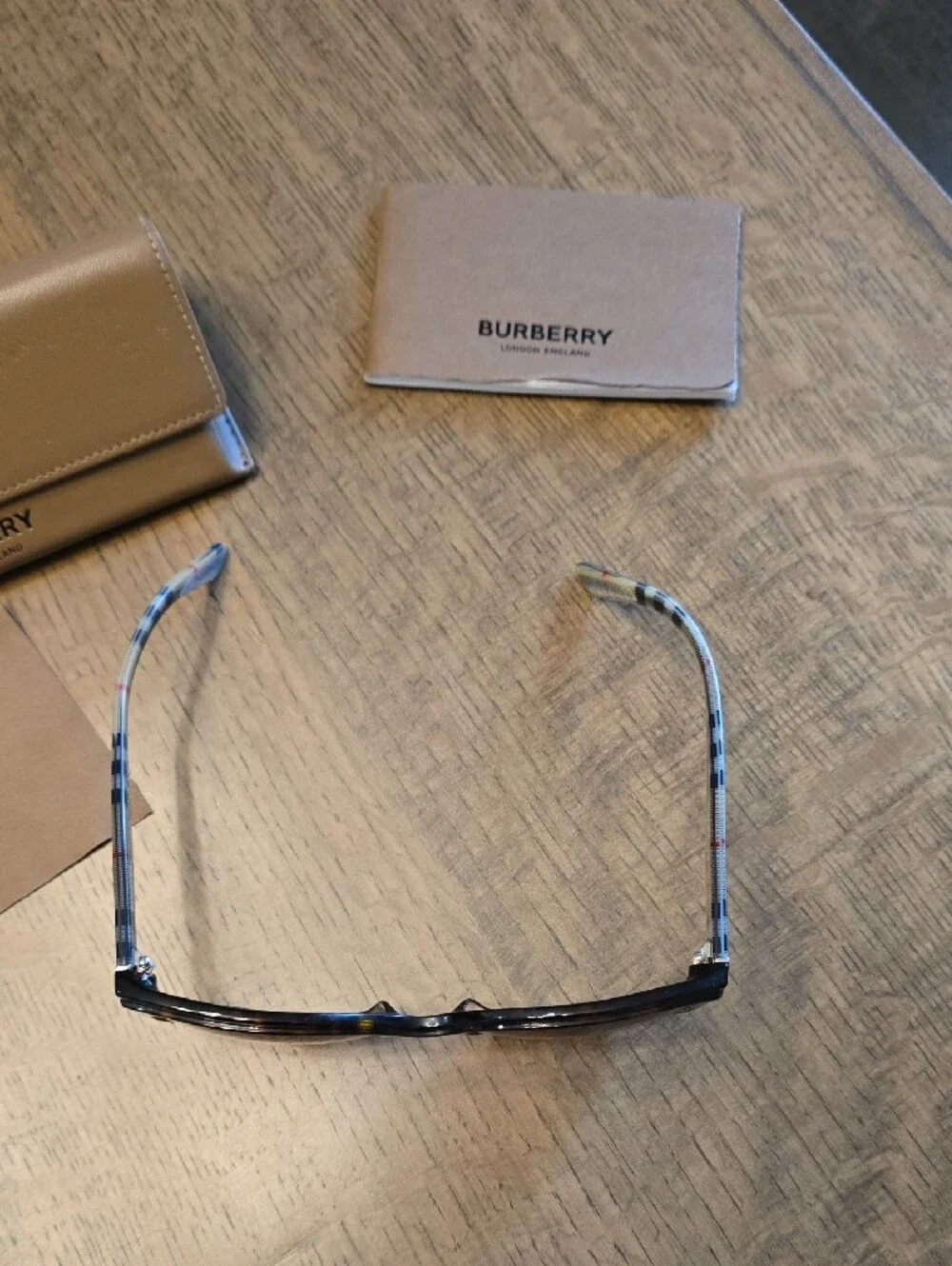 Burberry Brown Sunglasses with Tan Case and Plaid Temples